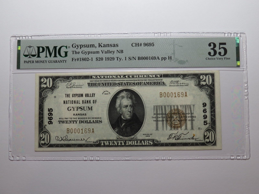 $20 1929 Gypsum Kansas KS National Currency Bank Note Bill Ch. #9695 VF35 PMG