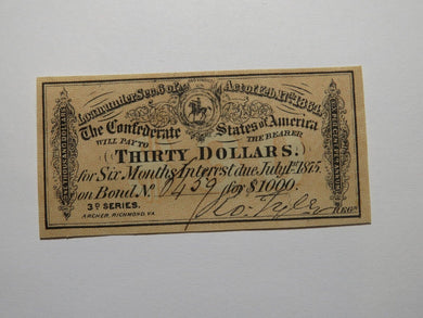 $30 1864 Confederate Bond Coupon Certificate Currency Bank Note Bill UNC++