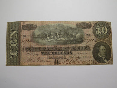 $10 1864 Richmond Virginia VA Confederate Currency Bank Note Bill RARE T68 VF