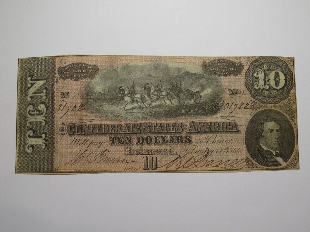 $10 1864 Richmond Virginia VA Confederate Currency Bank Note Bill RARE T68 VF