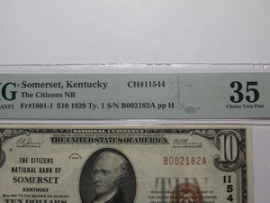 $10 1929 Somerset Kentucky KY National Currency Bank Note Bill Ch. #11544 VF35