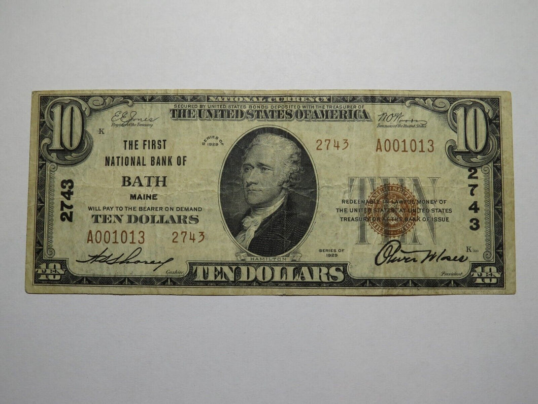 $10 1929 Bath Maine ME National Currency Bank Note Bill Charter #2743 Very Fine