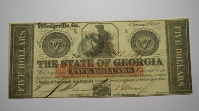 $5 1862 Milledgeville Georgia GA Obsolete Currency Bank Note Bill! UNC++