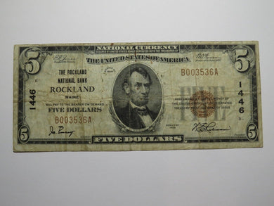 $5 1929 Rockland Maine ME National Currency Bank Note Bill Charter #1446 FINE