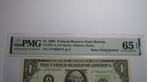 $1 1995 Radar Serial Number Federal Reserve Currency Bank Note Bill PMG UNC65EPQ