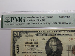$20 1929 Anaheim California National Currency Bank Note Bill Ch. #10228 VF25 PMG