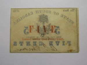 $.05 1863 Charleston South Carolina Obsolete Currency Bank Note State of SC USA