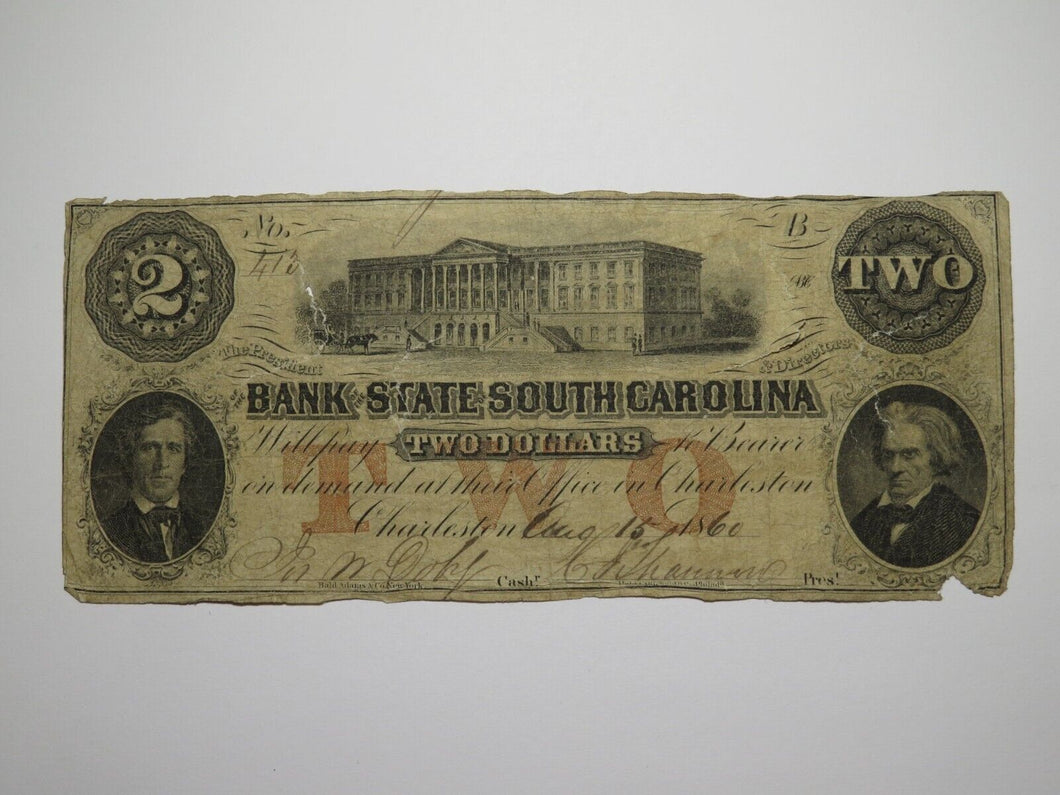 $2 1860 Charleston South Carolina SC Obsolete Currency Bank Note Bill Bank of SC