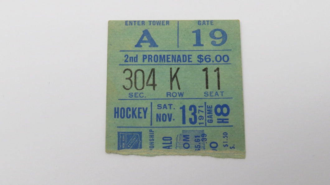 November 13, 1971 New York Rangers Vs. Buffalo Sabres NHL Hockey Ticket Stub