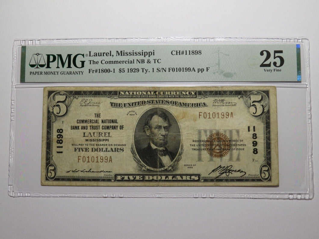 $5 1929 Laurel Mississippi National Currency Bank Note Bill Ch. #11898 VF25 PMG