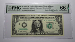 $1 2017 Radar Serial Number Federal Reserve Currency Bank Note Bill PMG UNC66EPQ