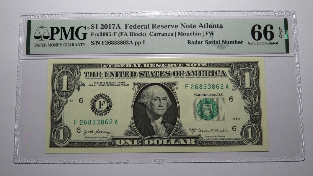 $1 2017 Radar Serial Number Federal Reserve Currency Bank Note Bill PMG UNC66EPQ