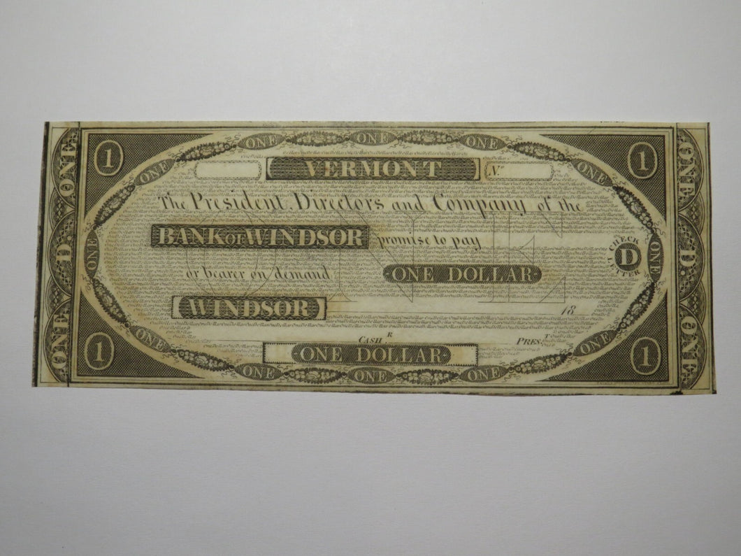 $1 18__ Windsor Vermont VT Obsolete Currency Bank Note Bill Remainder UNC++++