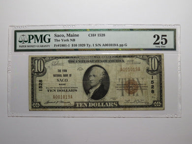 $10 1929 Saco Maine ME National Currency Bank Note Bill Charter #1528 VF25