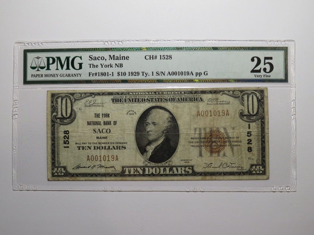 $10 1929 Saco Maine ME National Currency Bank Note Bill Charter #1528 VF25