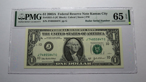 $1 2003 Radar Serial Number Federal Reserve Currency Bank Note Bill PMG UNC65EPQ