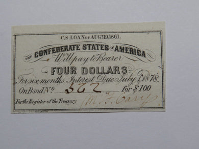 $4 1861 Confederate Bond Coupon Certificate Currency Bank Note Bill UNC