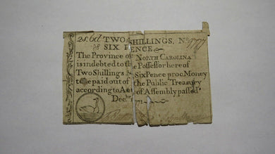 1771 2 Shillings 6 Pence North Carolina NC Colonial Currency Bank Note Bill 2s6d