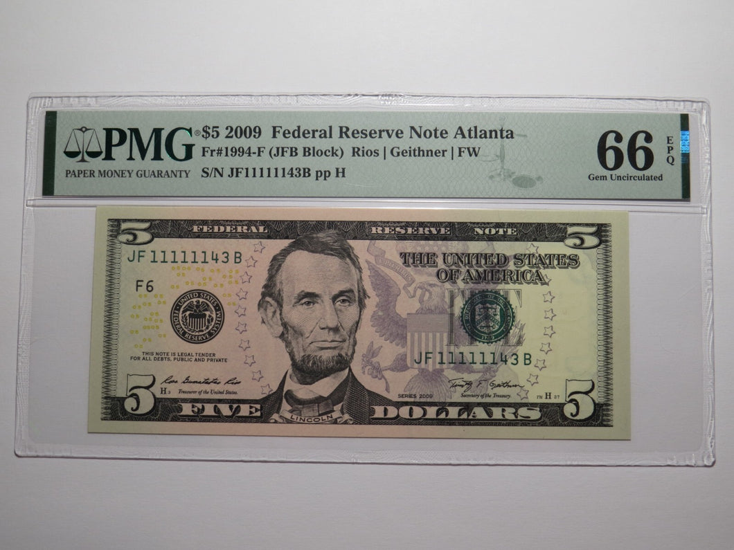 $5 2009 Fancy Near Solid Serial Number Federal Reserve Bank Note Bill #11111143