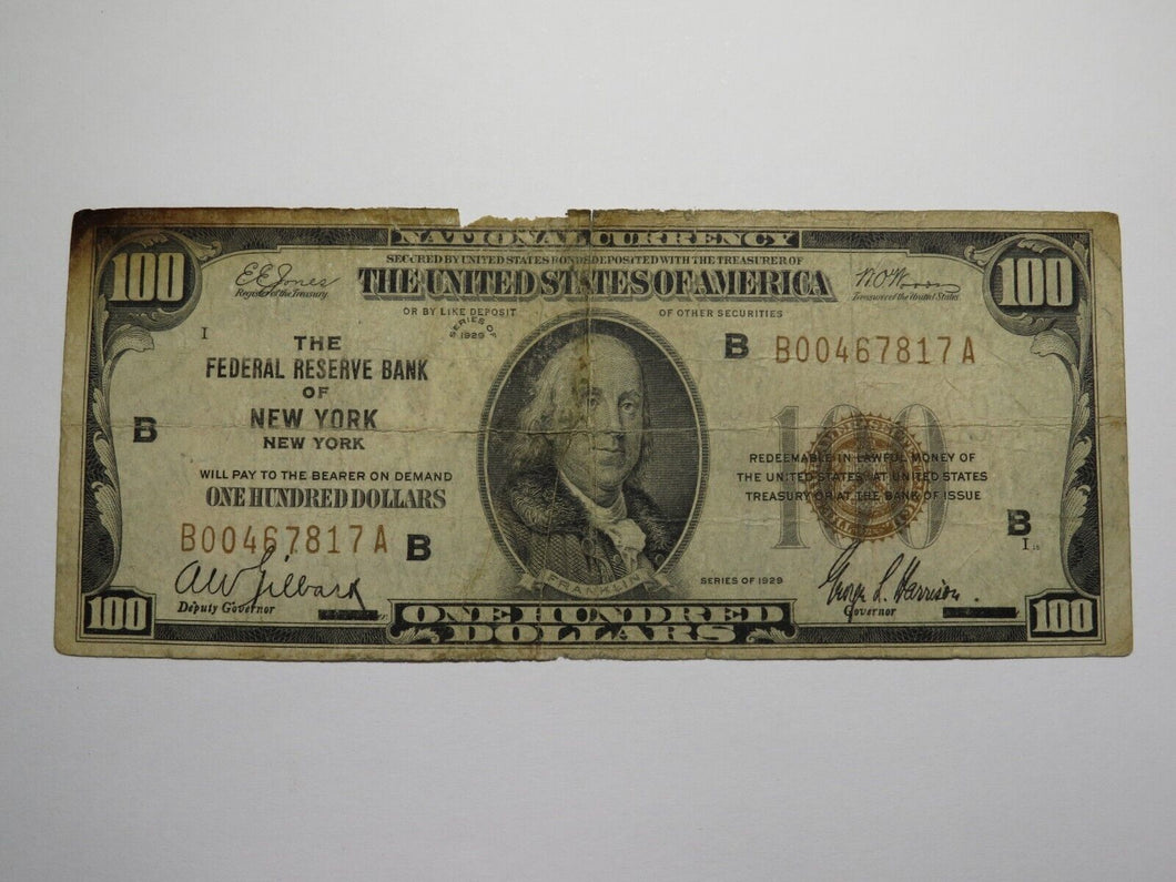 $100 1929 New York City NY National Currency Note Federal Reserve Bank Note Bill
