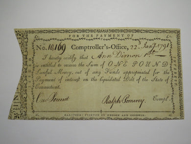 1791 One Pound Connecticut Comptroller's Office Colonial Currency Note Pomeroy