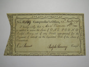 1791 One Pound Connecticut Comptroller's Office Colonial Currency Note Pomeroy
