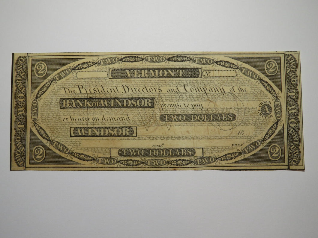 $2 1838 Windsor Vermont VT Obsolete Currency Bank Note Bill! Bank of Windsor VF+