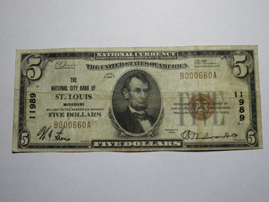 $5 1929 St. Louis Missouri MO National Currency Bank Note Bill! Ch. #11989 RARE!