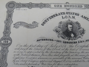 $100 1862 Confederate Bond Certificate Currency Bank Note Bill UNC 14" X 9.5"