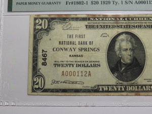 $20 1929 Conway Springs Kansas National Currency Bank Note Bill #8467 VF25 PMG