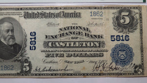 $5 1902 Castleton New York NY National Currency Bank Note Bill! #5816 VF20 PMG