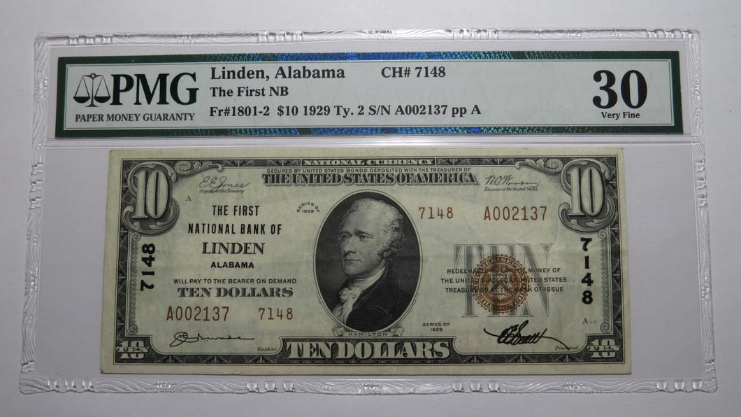 $10 1929 Linden Alabama AL National Currency Bank Note Bill! Ch. #7148 VF30 PMG