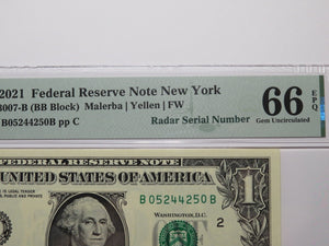 $1 2021 Radar Serial Number Federal Reserve Currency Bank Note Bill PMG UNC66EPQ