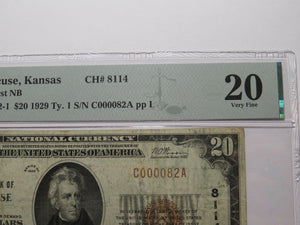 $20 1929 Syracuse Kansas KS National Currency Bank Note Bill Ch #8114 VF20 PMG
