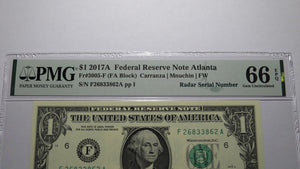$1 2017 Radar Serial Number Federal Reserve Currency Bank Note Bill PMG UNC66EPQ