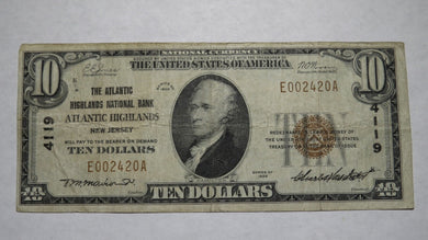 $10 1929 Atlantic Highlands New Jersey NJ National Currency Bank Note Bill #4119