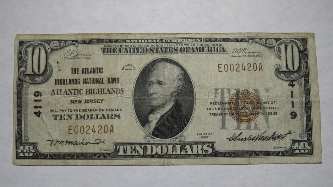 $10 1929 Atlantic Highlands New Jersey NJ National Currency Bank Note Bill #4119