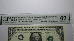 $1 2003 Repeater Serial Number Federal Reserve Currency Bank Note Bill PMG UNC67