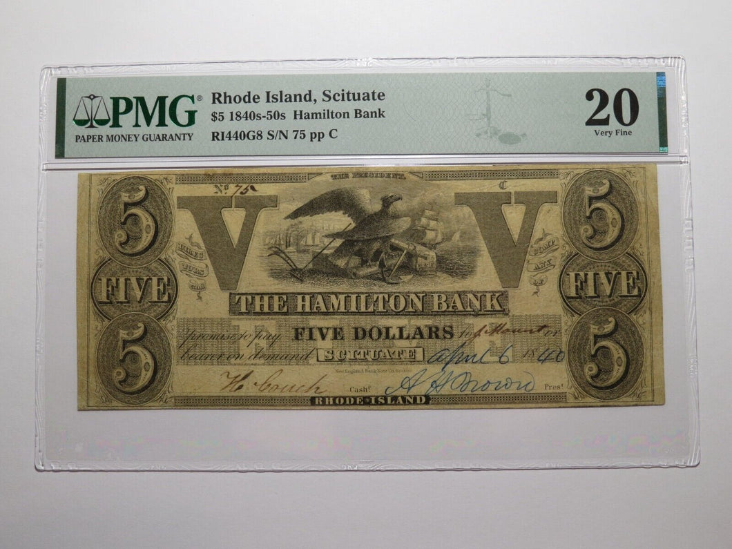 $5 1840 Scituate Rhode Island Obsolete Currency Bank Note Bill The Hamilton Bank