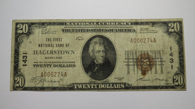 $20 1929 Hagerstown Maryland MD National Currency Bank Note Bill Ch. #1431 FINE