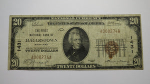 $20 1929 Hagerstown Maryland MD National Currency Bank Note Bill Ch. #1431 FINE