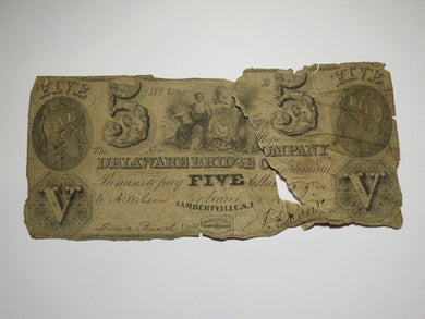 $5 1844 Lambertville New Jersey Obsolete Currency Bank Note Bill Delaware Bridge