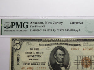 $5 1929 Absecon New Jersey NJ National Currency Bank Note Bill #10823 XF45 PMG