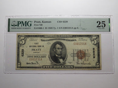 $5 1929 Pratt Kansas KS National Currency Bank Note Bill Charter #6229 VF25 PMG