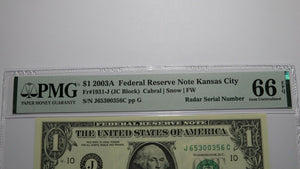 $1 2003 Radar Serial Number Federal Reserve Currency Bank Note Bill PMG UNC66EPQ