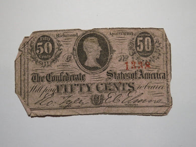 $.50 1863 Richmond Virginia VA Confederate Currency Bank Note Bill RARE T63
