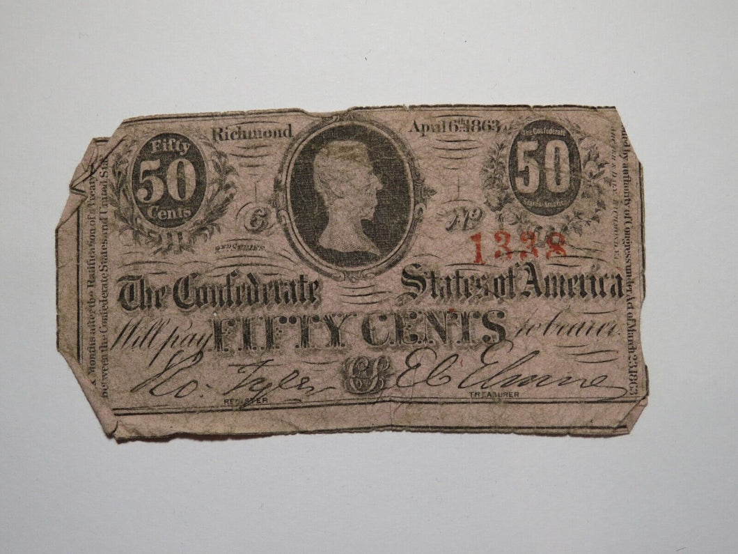 $.50 1863 Richmond Virginia VA Confederate Currency Bank Note Bill RARE T63