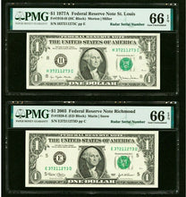 Load image into Gallery viewer, 2 $1 1977 &amp; 2003 Matching Radar Serial Numbers Federal Reserve Bank Note Bills 