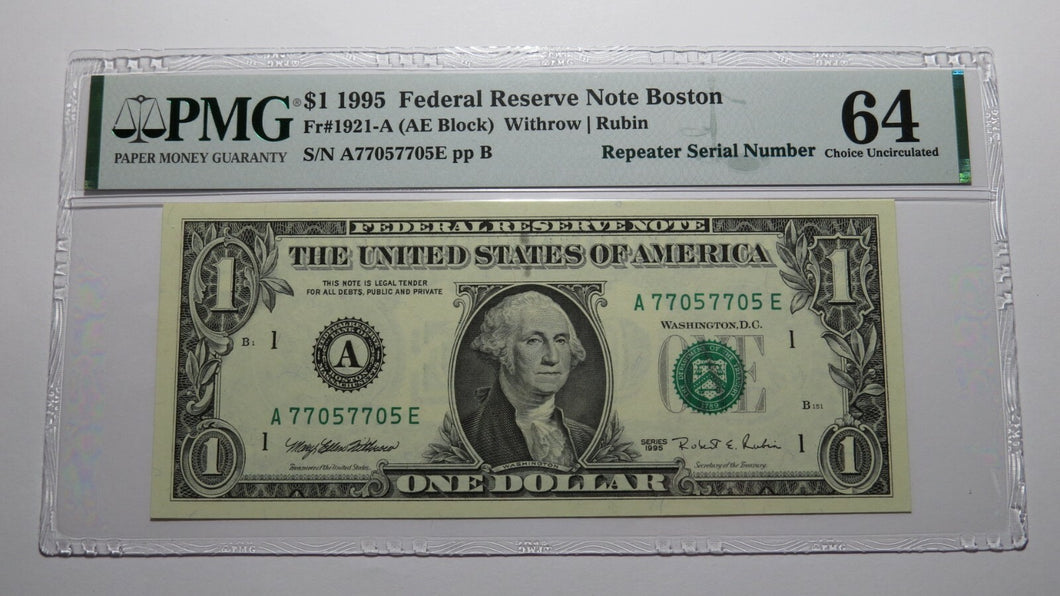 $1 1995 Repeater Serial Number Federal Reserve Currency Bank Note Bill PMG UNC64