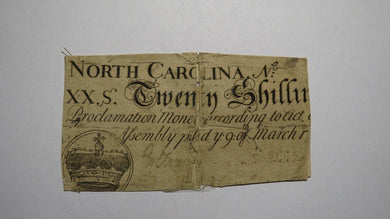 1754 Twenty Shillings North Carolina NC Colonial Currency Note Bill! RARE 20s!